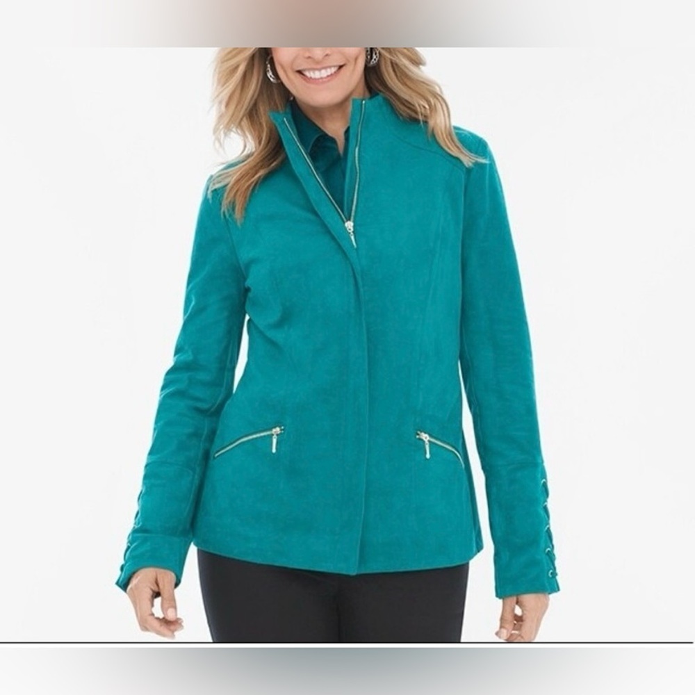 Chico’s Faux Sueded Lace-Up Sleeve Blazer Jacket Career Casual Teal Size 0 =2 US